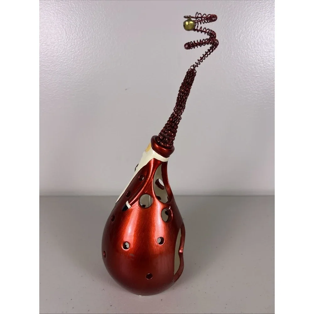 Pier 1 Santa Claus Tea Light Candle Holder Metallic Red Ceramic Figurine Bell